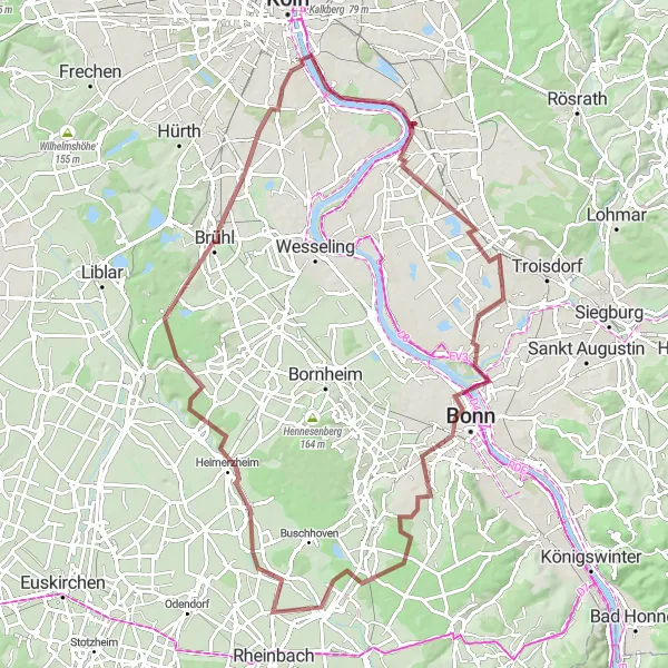 Map miniature of "Rural Adventure Gravel Route" cycling inspiration in Köln, Germany. Generated by Tarmacs.app cycling route planner