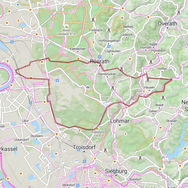 Map miniature of "Hills and Forests Gravel Route" cycling inspiration in Köln, Germany. Generated by Tarmacs.app cycling route planner
