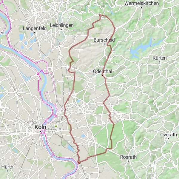 Map miniature of "Scenic Gravel Loop around Porz am Rhein" cycling inspiration in Köln, Germany. Generated by Tarmacs.app cycling route planner