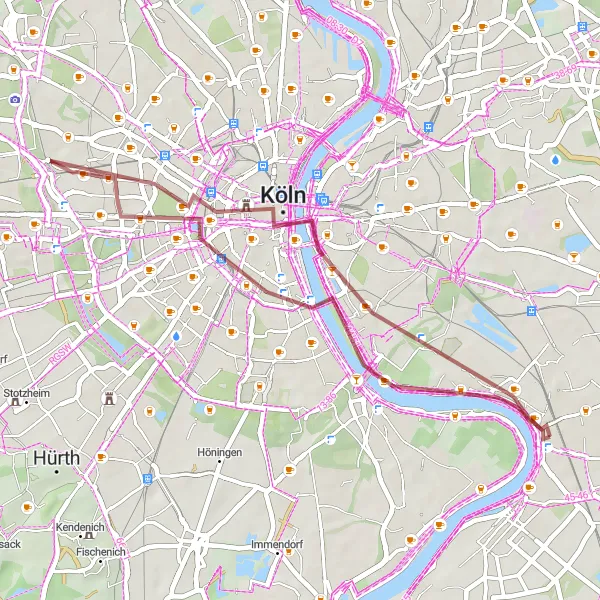Map miniature of "Exploring Porz am Rhein on Gravel" cycling inspiration in Köln, Germany. Generated by Tarmacs.app cycling route planner
