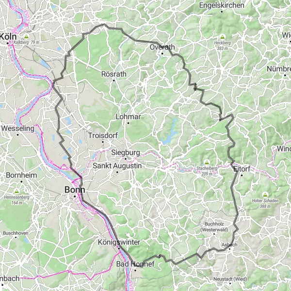 Karten-Miniaturansicht der Radinspiration "Köln-Bergische Land Tour" in Köln, Germany. Erstellt vom Tarmacs.app-Routenplaner für Radtouren