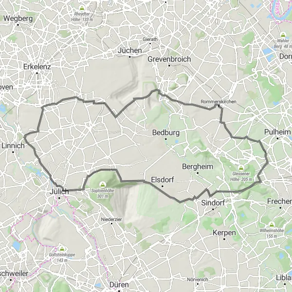 Karten-Miniaturansicht der Radinspiration "Rennradtour durch die Umgebung von Pulheim" in Köln, Germany. Erstellt vom Tarmacs.app-Routenplaner für Radtouren