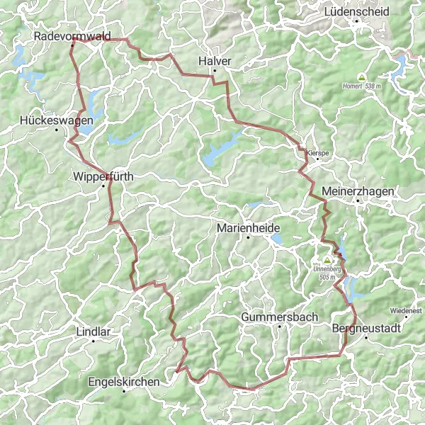 Map miniature of "Challenging Gravel Loop near Radevormwald" cycling inspiration in Köln, Germany. Generated by Tarmacs.app cycling route planner