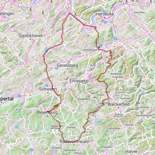 Map miniature of "Radevormwald Gravel Loop" cycling inspiration in Köln, Germany. Generated by Tarmacs.app cycling route planner