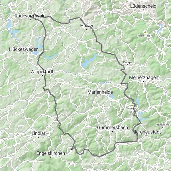 Karten-Miniaturansicht der Radinspiration "Herausforderung Bergisches Land" in Köln, Germany. Erstellt vom Tarmacs.app-Routenplaner für Radtouren