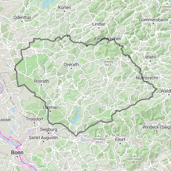 Map miniature of "Refrath to Rath Legendary Road Ride" cycling inspiration in Köln, Germany. Generated by Tarmacs.app cycling route planner