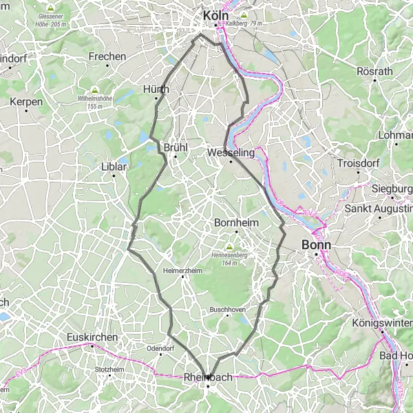 Map miniature of "Discovering the Roads" cycling inspiration in Köln, Germany. Generated by Tarmacs.app cycling route planner