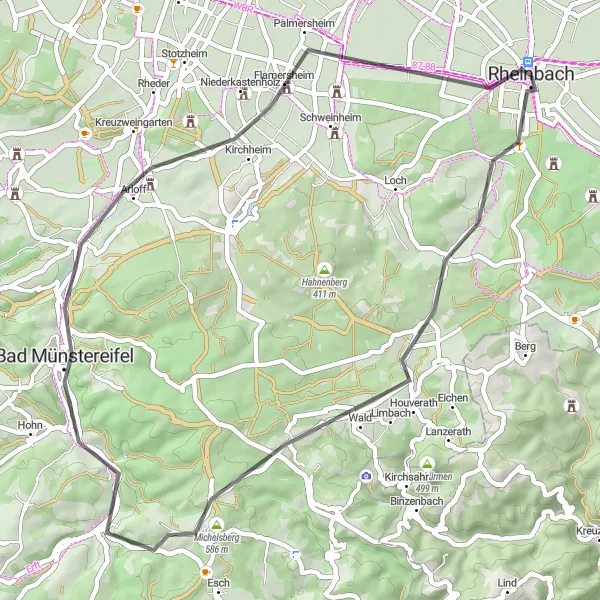 Karten-Miniaturansicht der Radinspiration "Hügeliges Straßenerlebnis rund um Rheinbach" in Köln, Germany. Erstellt vom Tarmacs.app-Routenplaner für Radtouren