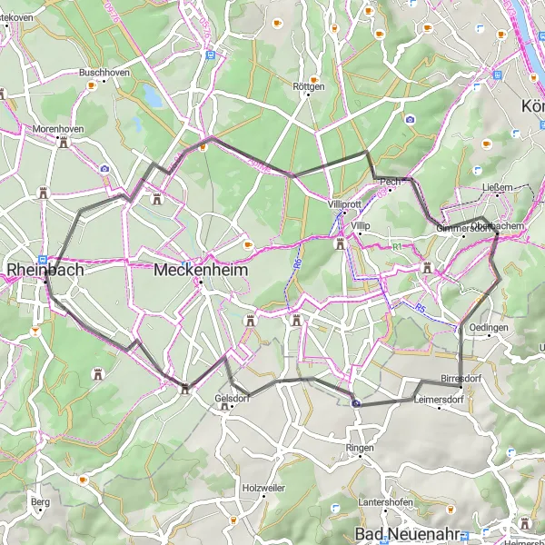 Map miniature of "Scenic Road Cycling Tour to Schloss Gelsdorf" cycling inspiration in Köln, Germany. Generated by Tarmacs.app cycling route planner