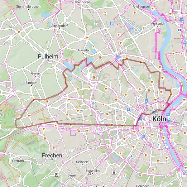 Map miniature of "Breathtaking Gravel Adventure to Hohenzollernbrücke" cycling inspiration in Köln, Germany. Generated by Tarmacs.app cycling route planner