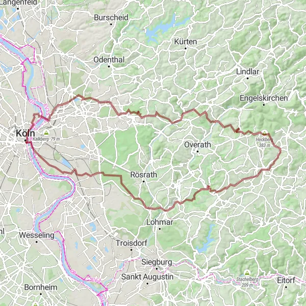 Map miniature of "Challenging Gravel Adventure in the Countryside" cycling inspiration in Köln, Germany. Generated by Tarmacs.app cycling route planner