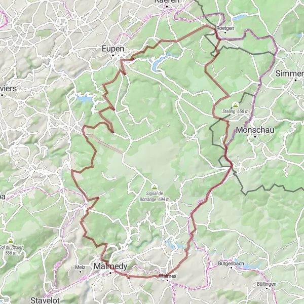 Map miniature of "Venn-Malmedy Gravel" cycling inspiration in Köln, Germany. Generated by Tarmacs.app cycling route planner