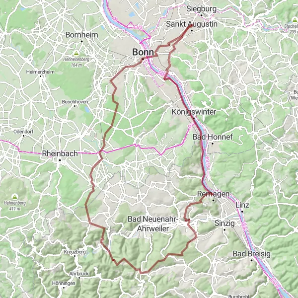 Map miniature of "Sankt Augustin - Ennert - Königswinter - Remagen - Landskrone - Häuschen - Rech - Meckenheim - Bonn - Alter Zoll" cycling inspiration in Köln, Germany. Generated by Tarmacs.app cycling route planner