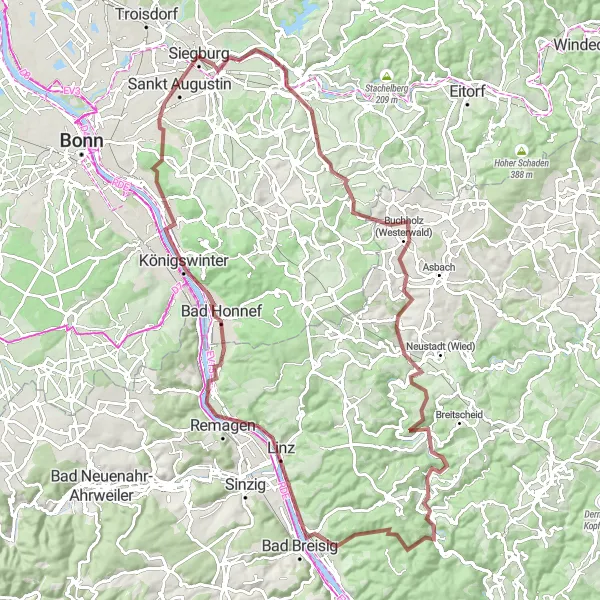 Map miniature of "The Legendary Hills of Sieg" cycling inspiration in Köln, Germany. Generated by Tarmacs.app cycling route planner