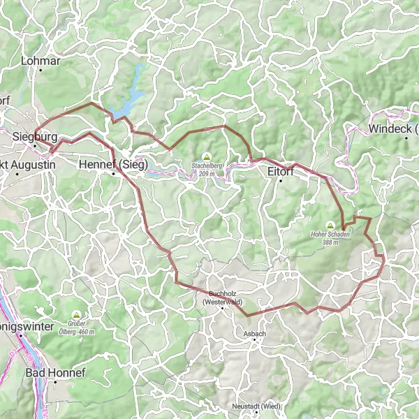 Karten-Miniaturansicht der Radinspiration "Siegburg - Hennef Gravel-Radroute" in Köln, Germany. Erstellt vom Tarmacs.app-Routenplaner für Radtouren
