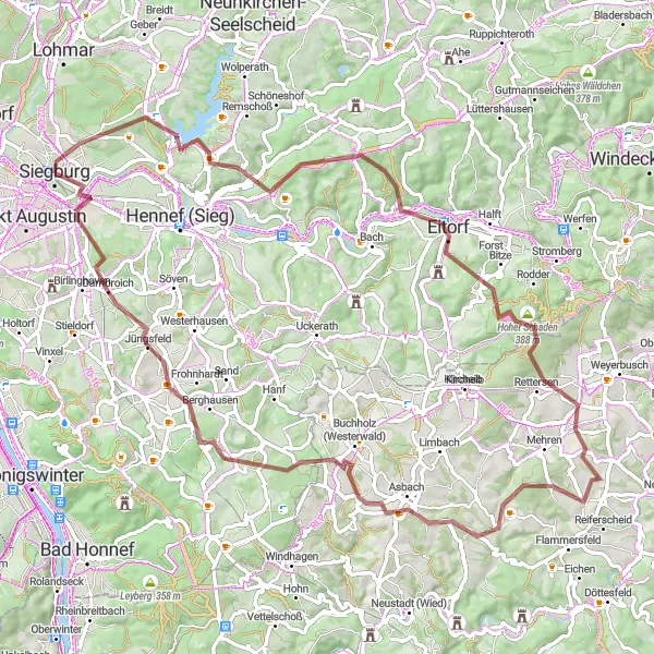 Map miniature of "The Forests and Valleys Gravel Expedition" cycling inspiration in Köln, Germany. Generated by Tarmacs.app cycling route planner