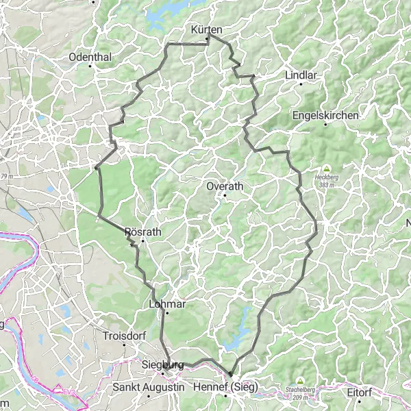 Map miniature of "The Bergisches Land Explorer" cycling inspiration in Köln, Germany. Generated by Tarmacs.app cycling route planner