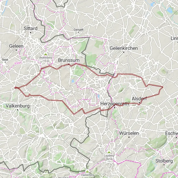 Map miniature of "Alsdorf and Benzenrade Gravel Loop" cycling inspiration in Köln, Germany. Generated by Tarmacs.app cycling route planner