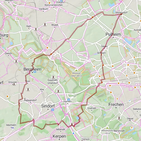 Map miniature of "Sinnersdorf to Brauweiler via Burg Mödrath" cycling inspiration in Köln, Germany. Generated by Tarmacs.app cycling route planner