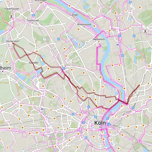 Map miniature of "Sinnersdorf to Auweiler Gravel Route" cycling inspiration in Köln, Germany. Generated by Tarmacs.app cycling route planner
