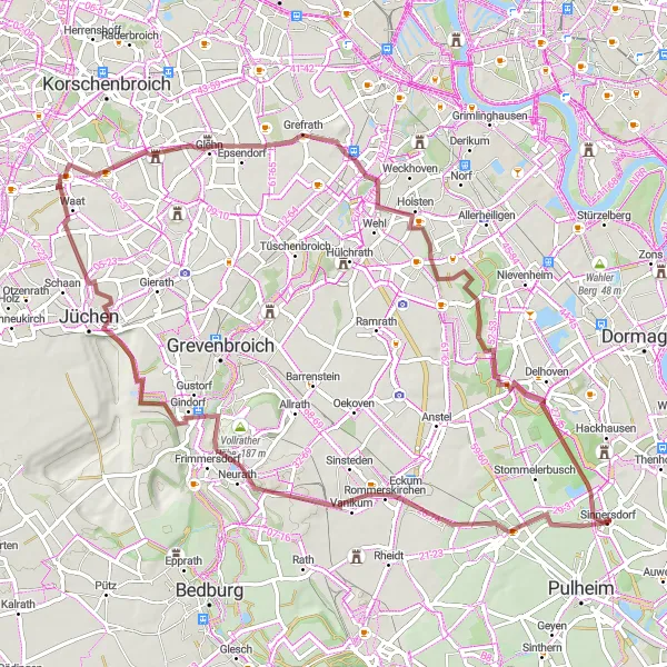 Map miniature of "Sinnersdorf to Rommerskirchen Gravel Route" cycling inspiration in Köln, Germany. Generated by Tarmacs.app cycling route planner