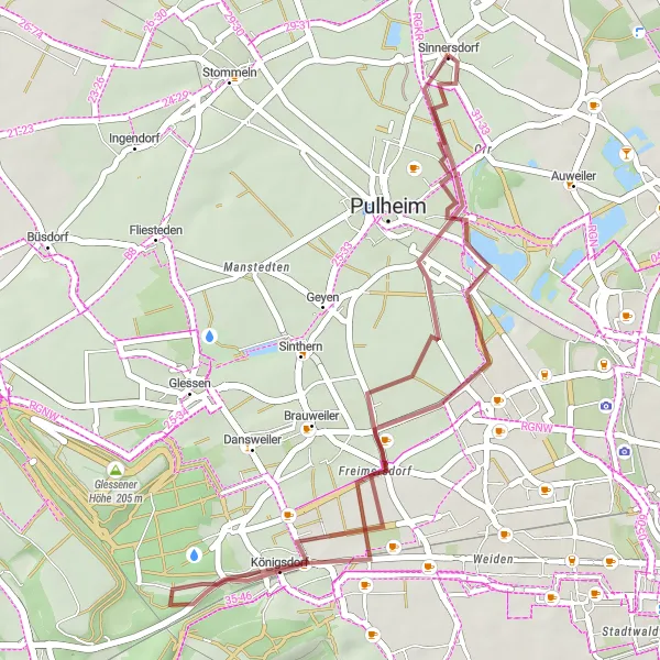 Map miniature of "Sinnersdorf to Aussichtspunkt Pulheimer See Gravel Route" cycling inspiration in Köln, Germany. Generated by Tarmacs.app cycling route planner