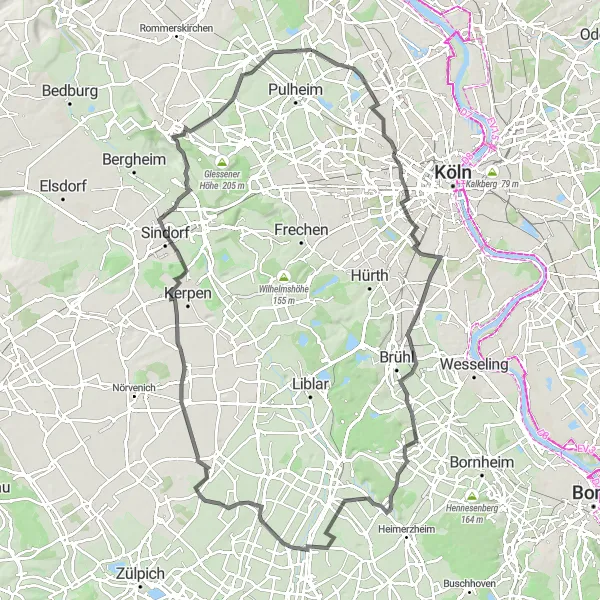 Map miniature of "Sinnersdorf to Escher See Süd via Zollstock Road Route" cycling inspiration in Köln, Germany. Generated by Tarmacs.app cycling route planner