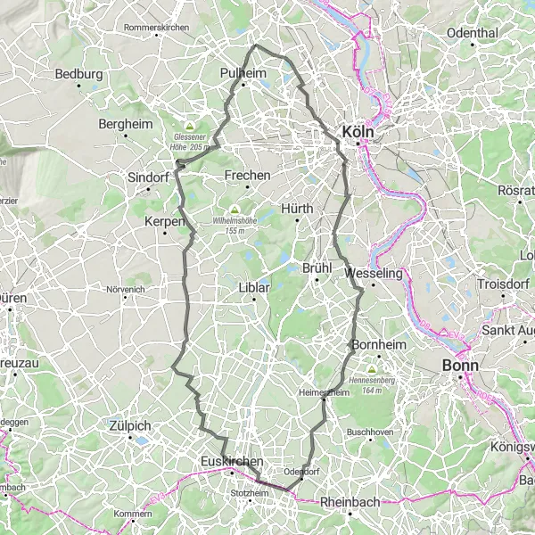 Map miniature of "Sinnersdorf to Zollstock Road Route" cycling inspiration in Köln, Germany. Generated by Tarmacs.app cycling route planner