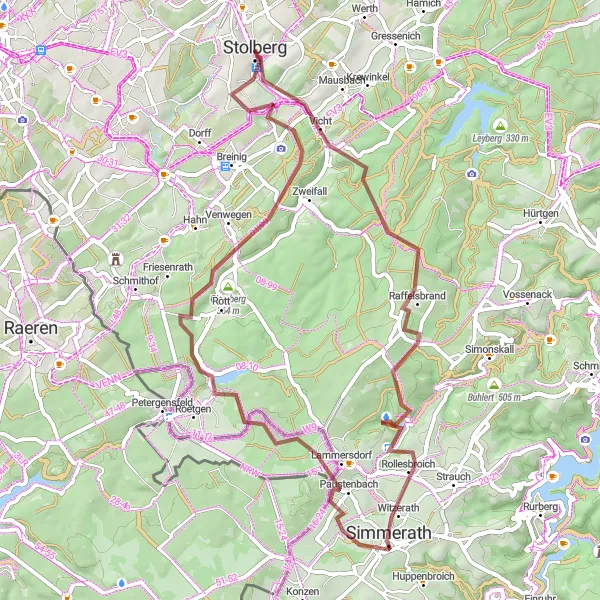 Map miniature of "Raffelsbrand to Stolberg Gravel Adventure" cycling inspiration in Köln, Germany. Generated by Tarmacs.app cycling route planner