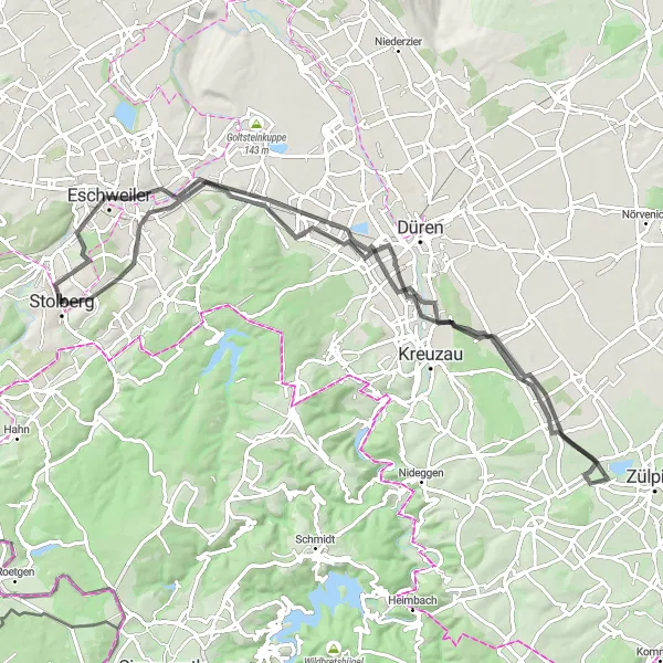 Map miniature of "Road Cycling Adventure to Burg Juntersdorf" cycling inspiration in Köln, Germany. Generated by Tarmacs.app cycling route planner
