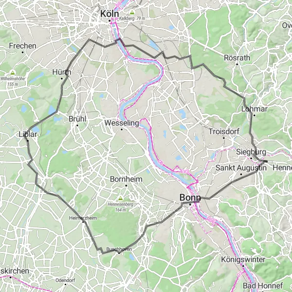 Map miniature of "Through History and Nature: Road Cycling Adventure" cycling inspiration in Köln, Germany. Generated by Tarmacs.app cycling route planner