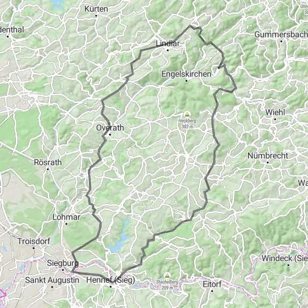 Map miniature of "Thrilling Hills of Wahlscheid" cycling inspiration in Köln, Germany. Generated by Tarmacs.app cycling route planner