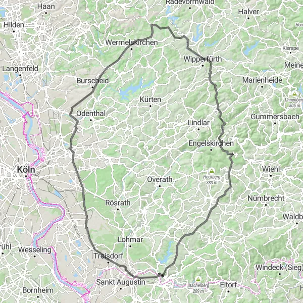 Map miniature of "The Bergische Round-Trip" cycling inspiration in Köln, Germany. Generated by Tarmacs.app cycling route planner