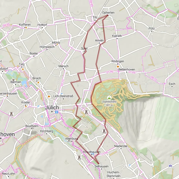 Map miniature of "Titz Gravel Tour" cycling inspiration in Köln, Germany. Generated by Tarmacs.app cycling route planner