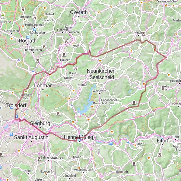 Karten-Miniaturansicht der Radinspiration "Gravel-Tour durch das Siebengebirge" in Köln, Germany. Erstellt vom Tarmacs.app-Routenplaner für Radtouren