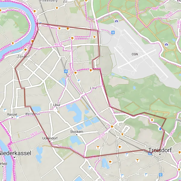 Map miniature of "Zündorf and Sallbachhügel Gravel Route" cycling inspiration in Köln, Germany. Generated by Tarmacs.app cycling route planner