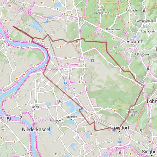 Map miniature of "Explore the Beauty of Troisdorf with a Gravel Route" cycling inspiration in Köln, Germany. Generated by Tarmacs.app cycling route planner