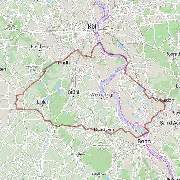 Map miniature of "Panoramic Gravel Adventure near Troisdorf" cycling inspiration in Köln, Germany. Generated by Tarmacs.app cycling route planner