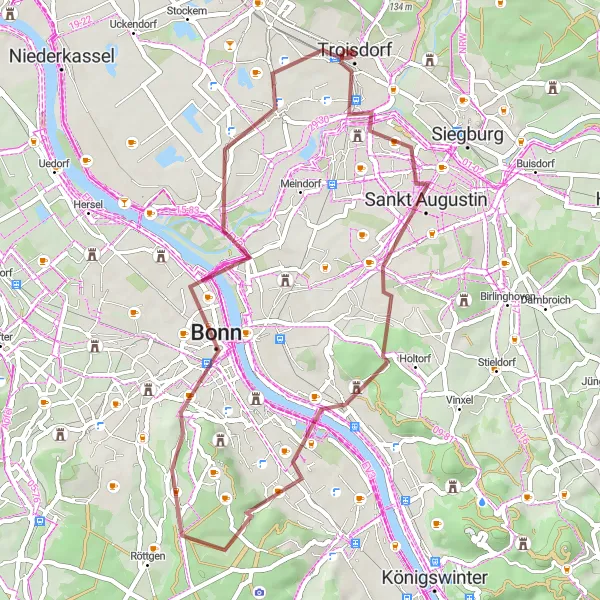 Karten-Miniaturansicht der Radinspiration "Bonn-Königswinter Gravelweg" in Köln, Germany. Erstellt vom Tarmacs.app-Routenplaner für Radtouren