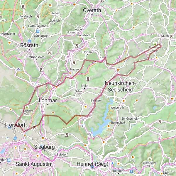 Map miniature of "Off-road adventure to Much and Altenrath" cycling inspiration in Köln, Germany. Generated by Tarmacs.app cycling route planner