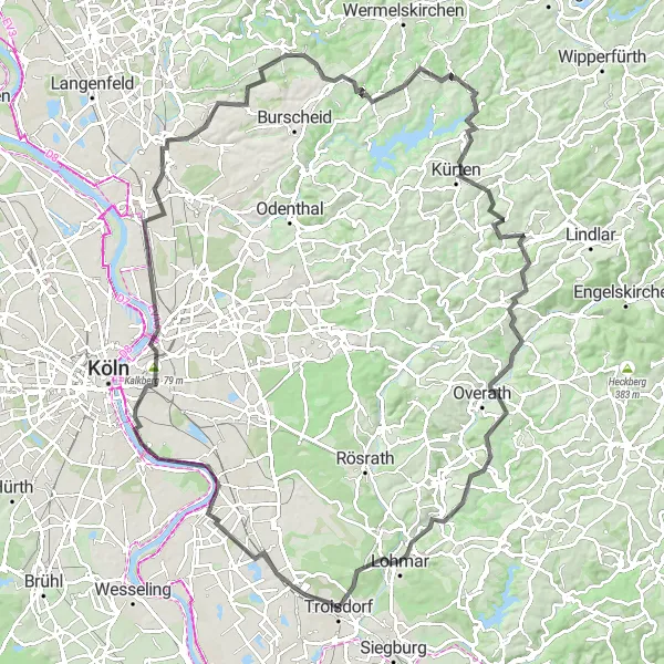 Karten-Miniaturansicht der Radinspiration "Rheinisch Bergischer Rundweg" in Köln, Germany. Erstellt vom Tarmacs.app-Routenplaner für Radtouren
