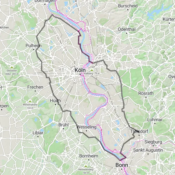 Map miniature of "Relaxing road cycling route through Berzdorf and Rheinkassel" cycling inspiration in Köln, Germany. Generated by Tarmacs.app cycling route planner