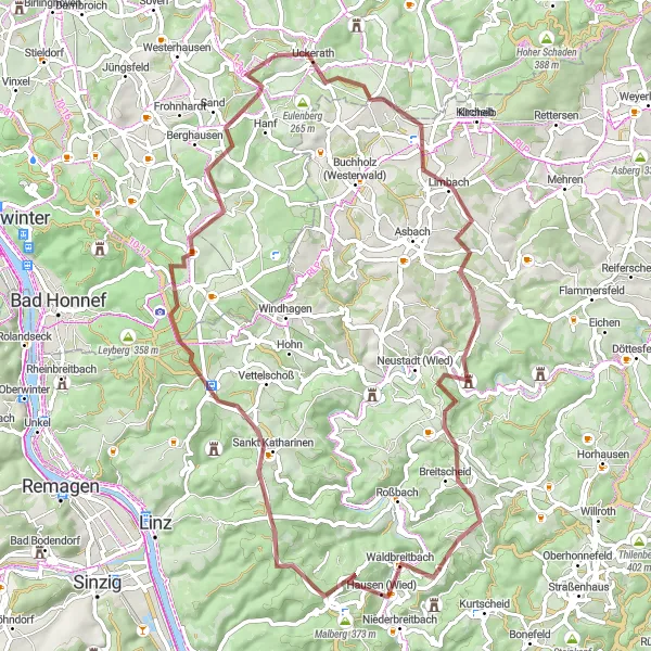 Map miniature of "The Ehrenstein Castle Gravel Adventure" cycling inspiration in Köln, Germany. Generated by Tarmacs.app cycling route planner