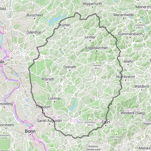 Karten-Miniaturansicht der Radinspiration "Eindrucksvolle Roadtour ab Uckerath" in Köln, Germany. Erstellt vom Tarmacs.app-Routenplaner für Radtouren