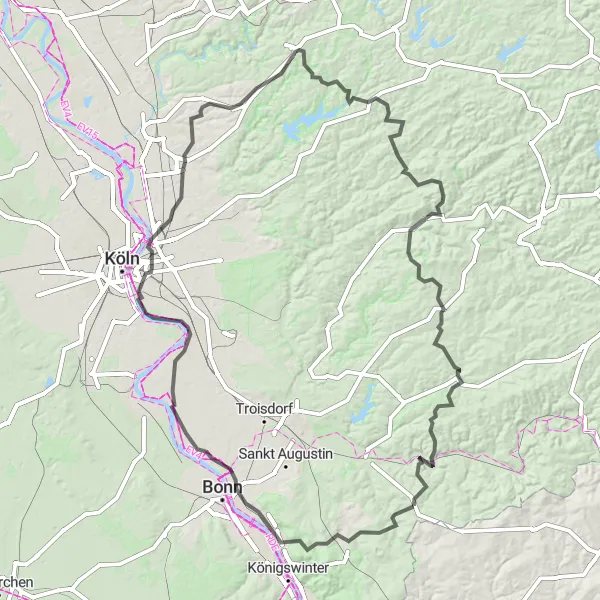 Map miniature of "Challenging Hills and Scenic Views" cycling inspiration in Köln, Germany. Generated by Tarmacs.app cycling route planner