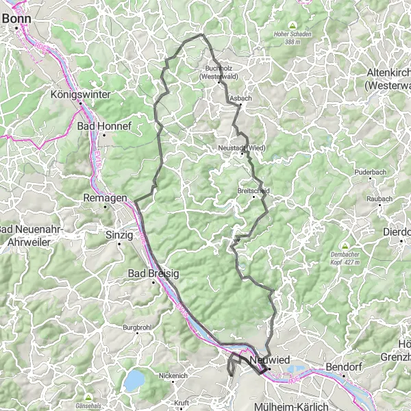 Map miniature of "The Road Adventure" cycling inspiration in Köln, Germany. Generated by Tarmacs.app cycling route planner