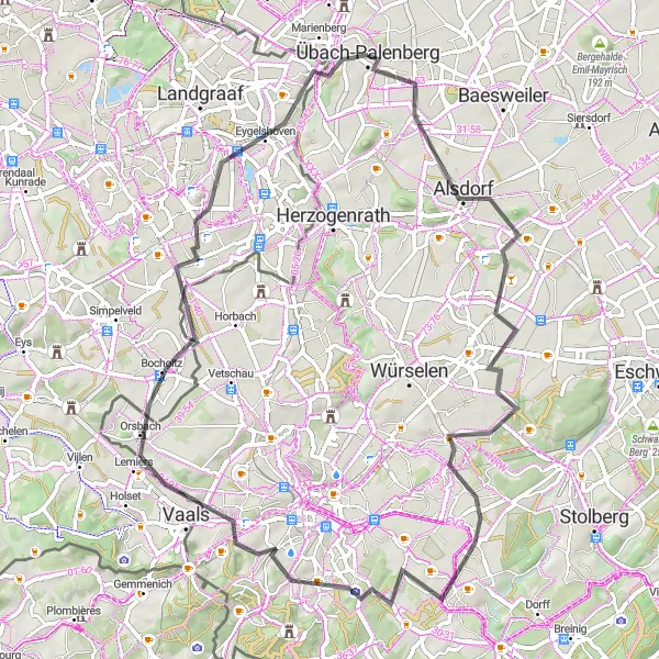 Map miniature of "Scenic Road Ride near Übach-Palenberg" cycling inspiration in Köln, Germany. Generated by Tarmacs.app cycling route planner