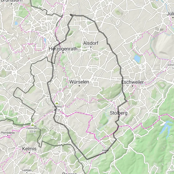 Map miniature of "Challenging Road Ride near Übach-Palenberg" cycling inspiration in Köln, Germany. Generated by Tarmacs.app cycling route planner