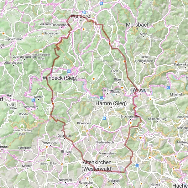 Map miniature of "Waldbröl - Die Mauer - Holpe - Johannisberg - Altenkirchen (Westerwald) - Rimbach - Sonnenberg - Galgenberg - Ruh" cycling inspiration in Köln, Germany. Generated by Tarmacs.app cycling route planner