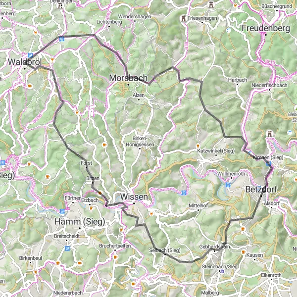 Karten-Miniaturansicht der Radinspiration "Die Hügelroute von Waldbröl" in Köln, Germany. Erstellt vom Tarmacs.app-Routenplaner für Radtouren